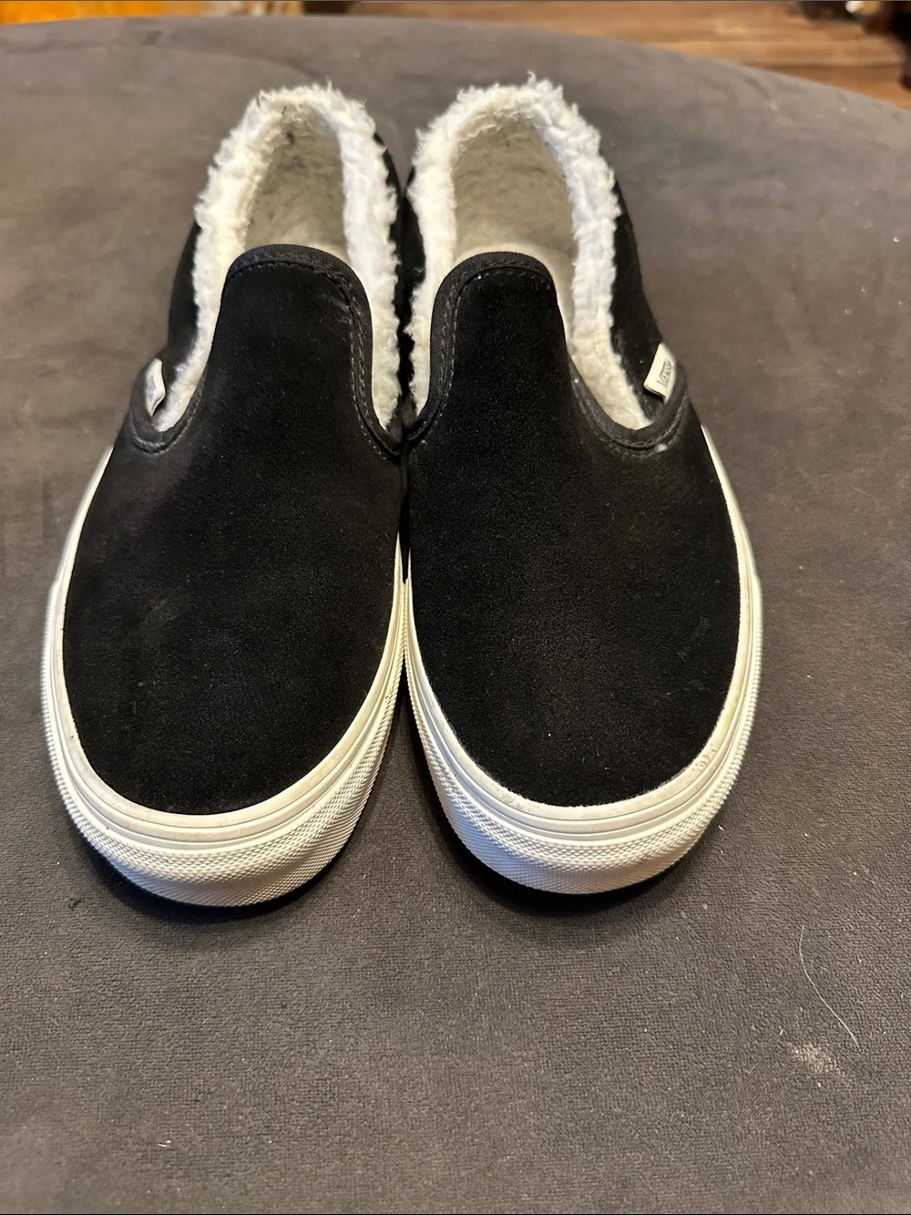 Vans Black Slip-On Sneakers with White Faux Fur Trim